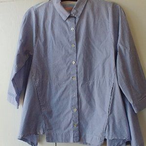 ALEMBIKA  Blue White Striped Button Up Swing Top